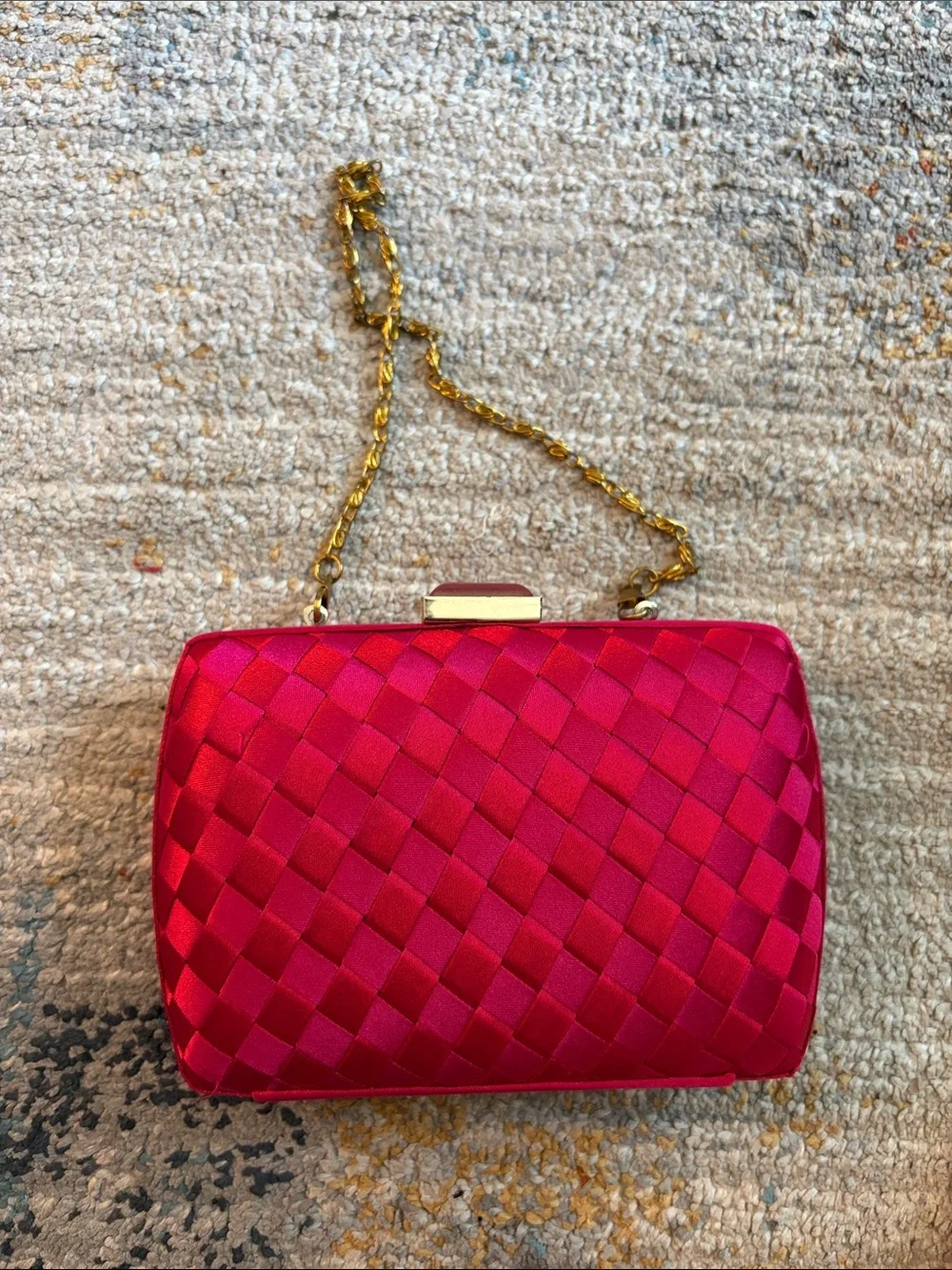 Pink Woven Satin Evening Clutch with Gold Chain Strap